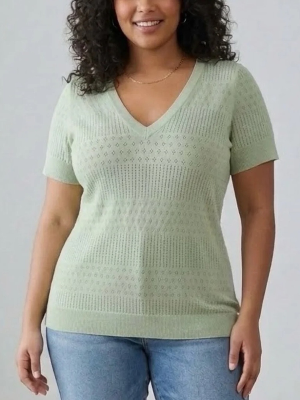 Torrid Sweater 2X Everyday Soft Pointelle Short Sleeves Green Lightweight V-Neck